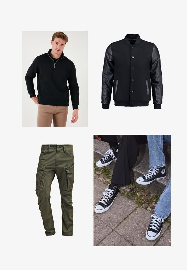 Čierna bomber bunda s vlneným telom a koženými rukávmi. Má stojačikový golier, predné patentky a bočné vrecká. Jednofarebná bez vzorov.; Čierna mikina na zips s vysokým golierom, dlhými rukávmi a voľným strihom. Vyrobená z mäkkej tkaniny s rebrovanými manžetami a lemom.; Olivové cargo nohavice vyrobené z pevnej bavlny. Obsahujú viacero vreciek, zipsovou bočnou vrecko a zúžené nohavice so slabou textúrou.; Čierne vysoké plátenné tenisky s bielymi gumovými podrážkami a šnúrkami, s okrúhlym logom na boku, skombinované s džínsami a čiernymi nohavicami.