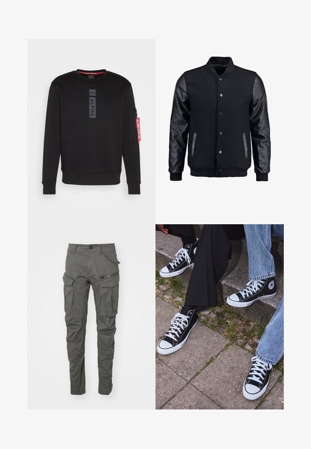 Svart bomberjacka med ullkropp och lädersleeves. Har en stående krage, framknappar med tryckknappar och sidofickor. Enfärgad utan mönster.; Svart sweatshirt med rund halsringning, med en stor "ALPHA"-logotyp i mitten och en zippered ärmlun som har en röd etikett. Mjuk tyg.; Olivgrön bomullst-shirt med en stor svart Levi's-logotyp i en kontrasterande halvbåge över bröstet. Normal passform.; Grå cargobyxor tillverkade av slitstarkt tyg, med flera fickor, dragkedjedetaljer, knäppning med knapp och en tapered ben-design.; Svarta högtopps kanvasskor med vita gummisulor och snören, med en cirkulär logotyp på sidan och kombinerade med jeans och svarta byxor.