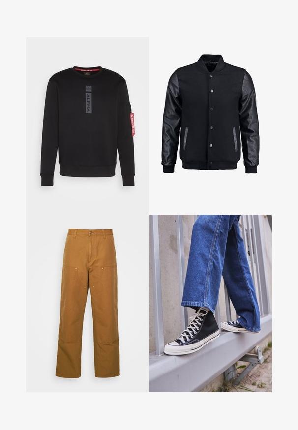 Čierna bomber bunda s vlneným telom a koženými rukávmi. Má stojačikový golier, predné patentky a bočné vrecká. Jednofarebná bez vzorov.; Čierna mikina s okrúhlym výstrihom, so výrazným logom "ALPHA" v strede a vreckom na zips na rukáve s červenou etiketou. Mäkko tkanina.; Hnedé bavlnené utility nohavice so strihom rovného nohu, ktoré obsahujú predné vrecká a kovové detaily pre zvýšenú odolnosť.; Čierne vysoké tenisky s bielou podrážkou a šnúrkami, kombinované so voľnými modrými riflami, položené na sivej zábradlí.