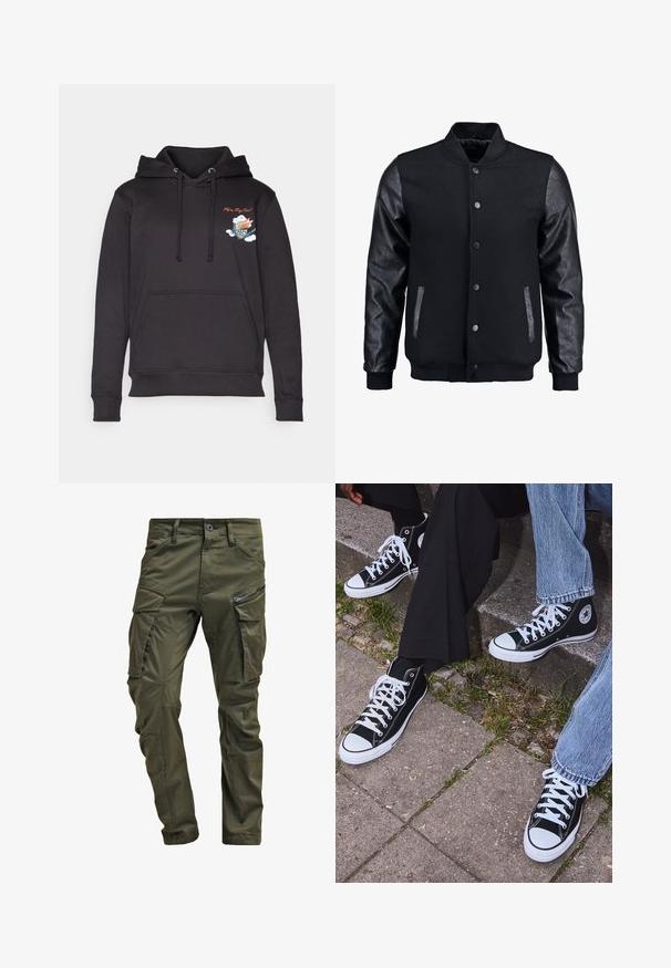 Črna bomberska jakna z volnenim telesom in usnjenimi rokavi. Ima stoječ ovratnik, sprednje snemljive gumbe in stranske žepke. Enobarvna, brez vzorcev.; Črna kapuca iz bombaža, ki ima sprednji žep, kapuco s vrvico in vezeno grafiko oblakov ter besedilo na prsih.; Olivno zelene cargo hlače iz trdnega bombaža. Imajo več žepov, zip žep na strani in zožene noge z rahlo teksturirano površino.; Črne visoke platnene teniske z belimi gumijastimi podplati in vezalkami, z ovalnim logotipom na strani, v kombinaciji z džinsom in črnimi hlačami.