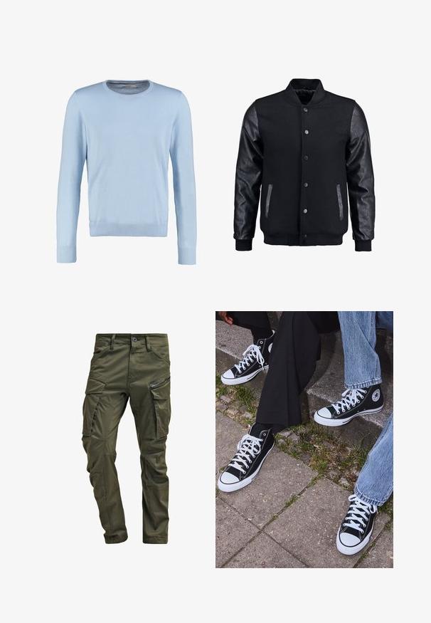 Črna bomberska jakna z volnenim telesom in usnjenimi rokavi. Ima stoječ ovratnik, sprednje snemljive gumbe in stranske žepke. Enobarvna, brez vzorcev.; Svetlo modra dolga majica s svetlim rokavi z okroglim izrezom. Ima gladko teksturo ter rebraste manšete in rob. Klasična, prilegajoča se zasnova.; Olivno zelene cargo hlače iz trdnega bombaža. Imajo več žepov, zip žep na strani in zožene noge z rahlo teksturirano površino.; Črne visoke platnene teniske z belimi gumijastimi podplati in vezalkami, z ovalnim logotipom na strani, v kombinaciji z džinsom in črnimi hlačami.