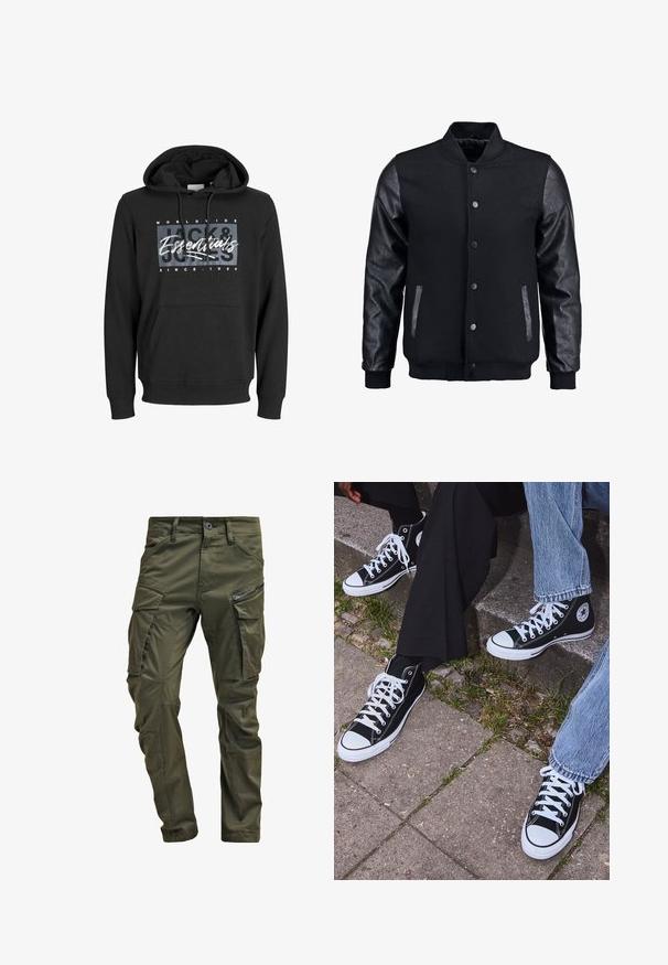Fekete bomber dzseki gyapjú testtel és bőr ujjal. Jellemzője a felálló gallér, elöl gombos záródás, valamint oldalsó zsebek. Egyszínű, mintázat nélkül.; Fekete kapucnis pulóver pamut keverékből, elülső kenguruzsebbel, bordázott mandzsettákkal és "Jack & Jones Essentials" feliratos grafikai mintával.; Olíva zöld cargo nadrág, erős pamutból készült. Több zsebbel, egy cipzáras oldalzsebbel és enyhén texturált felülettel ellátott, a szárai felé szűkülnek.; Fekete magas szárú vászon sportcipők fehér gumi talppal és fűzőkkel, az oldalukon kör alakú logóval, farmernadrággal és fekete nadrággal párosítva.