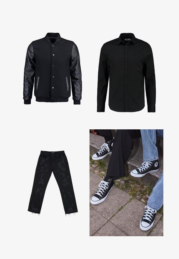 Črna bomberska jakna z volnenim telesom in usnjenimi rokavi. Ima stoječ ovratnik, sprednje snemljive gumbe in stranske žepke. Enobarvna, brez vzorcev.; Črna dolga majica z dolgimi rokavi iz gladkega materiala, z gumbi spredaj, s koničastim ovratnikom in krojenjem, ki se končuje v ukrivljenem robu.; Črne jeans hlače iz denima z raztrganimi dejanji, sproščenega kroja, razfrkanim robom in standardnim petim žepnim dizajnom. Tkanina deluje trpežno in teksturirano.; Črne visoke platnene teniske z belimi gumijastimi podplati in vezalkami, z ovalnim logotipom na strani, v kombinaciji z džinsom in črnimi hlačami.