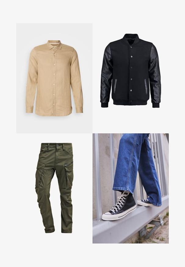 Mustmust on musta jope, millel on villane keha ja nahkvarrukad. Omab seisvat kraed, esisiidme nööpe ja küljetaskuid. Ühtlane värv, ilma mustriteta.; Heled beezhi pikaažiga pikkade varrukatega särk, mis on valmistatud linast, omades nööpidega esiosa, pehmet tekstuuri ja kraed. Särgil on keeratavad varrukad.; Olive rohelised cargo püksid, mis on valmistatud vastupidavast puuvillast. Omavad mitmeid taskuid, ühe lukuga küljetasku ja kergelt tekstureeritud kitsenevaid jalgu.; Mustad mustade kõrgete tossudega, millel on valge tallaga ja valged paelad, koos vaba sinise denimidega, mis puhkavad hallil piiridel.