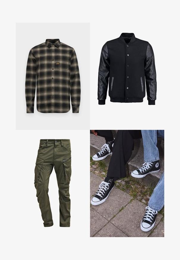 Fekete bomber dzseki gyapjú testtel és bőr ujjal. Jellemzője a felálló gallér, elöl gombos záródás, valamint oldalsó zsebek. Egyszínű, mintázat nélkül.; Fekete és bézs kockás flanel ing hosszú ujjakkal, gombos elejével, hegyes gallérral és kis márkasonkával a mellzsebén.; Olíva zöld cargo nadrág, erős pamutból készült. Több zsebbel, egy cipzáras oldalzsebbel és enyhén texturált felülettel ellátott, a szárai felé szűkülnek.; Fekete magas szárú vászon sportcipők fehér gumi talppal és fűzőkkel, az oldalukon kör alakú logóval, farmernadrággal és fekete nadrággal párosítva.