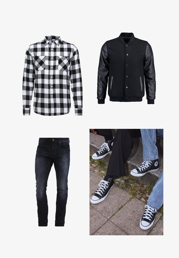 Black bomber jacket with wool body and leather sleeves. Features a standing collar, front snap buttons, and side pockets. Solid color with no patterns.; Black and white plaid button-up shirt featuring long sleeves, two chest pockets, and a standard collar. Made of a soft fabric.; Olive green cotton t-shirt featuring a large black Levi's logo in a contrasting semi-arched shape across the chest. Regular fit.; Dark blue slim-fit jeans with slight fading on thighs and knees, featuring front pockets, belt loops, and a button closure.; Black high-top canvas sneakers with white rubber soles and laces, featuring a circular logo on the side and paired with denim and black pants.