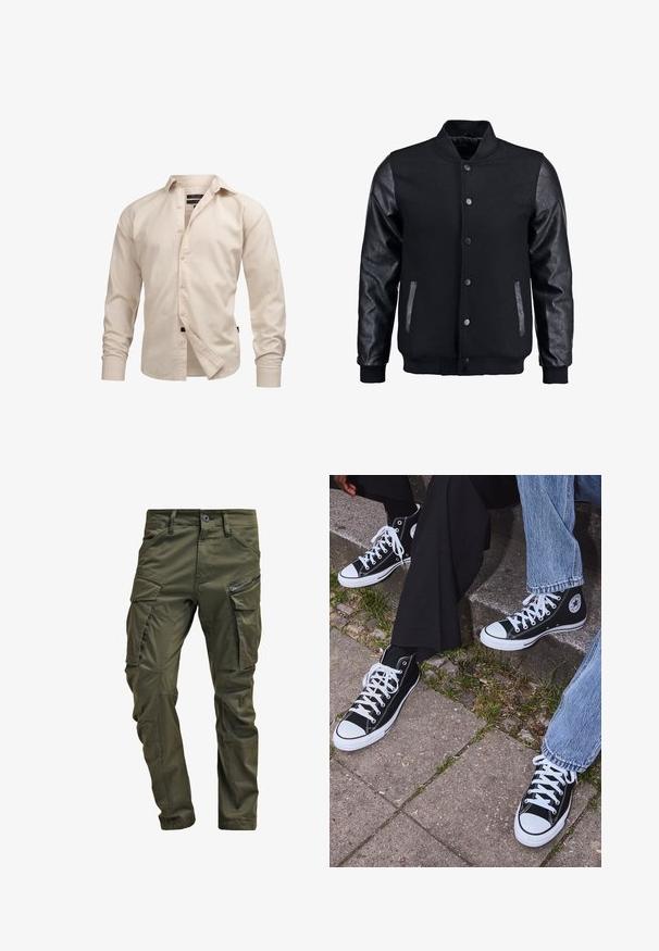 Giubbotto bomber nero con corpo in lana e maniche in pelle. Presenta un colletto alto, bottoni a pressione frontali e tasche laterali. Monocromatico, senza motivi.; Camicia button-up beige chiaro a maniche lunghe con collo, caratterizzata da una texture semplice e polsini standard, patta frontale e accentuazione con etichetta nera.; Pantaloni cargo verde oliva realizzati in cotone robusto. Presentano numerose tasche, una tasca laterale con zip e gambe affusolate con una finitura leggermente strutturata.; Sneakers alti neri in tela con suole e lacci bianchi, dotati di un logo circolare di lato e abbinati a pantaloni in denim e neri.