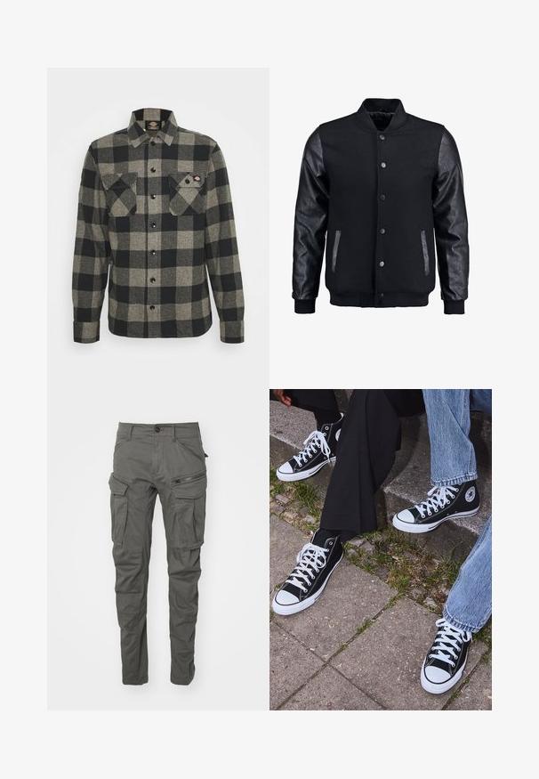 Musta pommittaja takki, jossa villakangasrunko ja nahkahihat. Varustettu pystykovalla, etupainonapeilla ja sivutaskuilla. Yksivärinen, ilman kuvioita.; Musta-harmaa ruudullinen flanellipaita pitkillä hihoilla, napitettavalla etuosalla, kahdella rintataskulla ja hieman kaarevalla helmalla. Kankaan pinta on teksturoitu.; Oliivinvihreä puuvillainen t-paita, jossa suuri musta Levi's-logo kontrastivärisenä puolikaarena rinnalla. Normaali istuvuus.; Housut harmaita cargo-tyylisiä, valmistettu kestävästä kankaasta, useita taskuja, vetoketjungatut yksityiskohdat, nappikiinnitys ja kapeneva lahje.; Mustat korkeat kangaslenkkarit, joissa on valkoiset kumipohjat ja nauhat, sivussa on pyöreä logo, ja ne on yhdistetty farkkuihin ja mustiin housuihin.