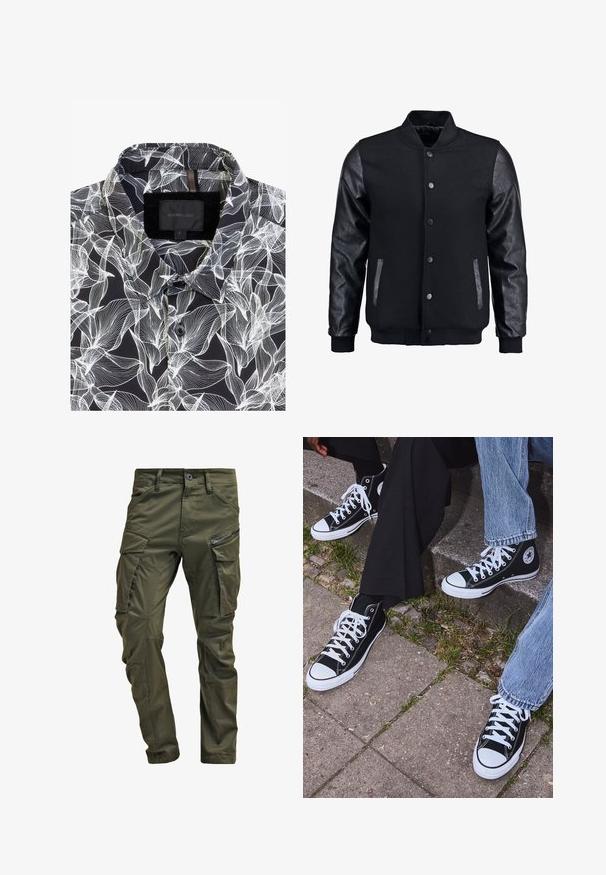 Czarna kurtka bombowca z wełnianym korpusem i skórzanymi rękawami. Posiada stójkę, zapięcie na napy z przodu i boczne kieszenie. Jednolity kolor, bez wzorów.; Czarna koszula z krótkim rękawem w biały kwiatowy wzór, z zakończonym kołnierzykiem, pojedynczym zapięciem na guzik oraz wszytą metką wewnątrz.; Oliwkowe spodnie cargos wykonane z wytrzymałej bawełny. Posiadają liczne kieszenie, kieszeń boczną na zamek oraz zwężane nogawki z lekko teksturowanym wykończeniem.; Czarne wysokie trampki z kanwy z białymi gumowymi podeszwami i sznurówkami, z okrągłym logo z boku, w zestawie z dżinsami i czarnymi spodniami.