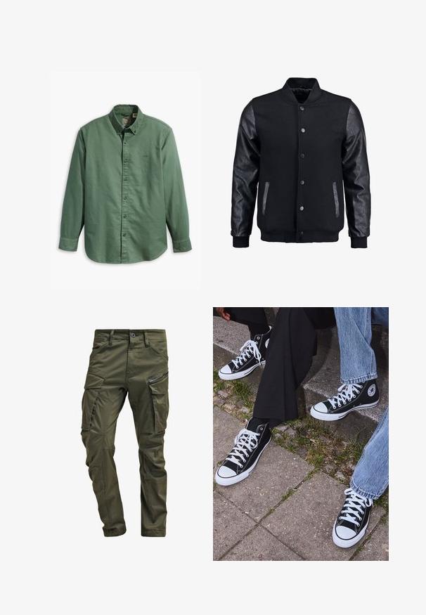 Črna bomberska jakna z volnenim telesom in usnjenimi rokavi. Ima stoječ ovratnik, sprednje snemljive gumbe in stranske žepke. Enobarvna, brez vzorcev.; Levi's® AUTHENTIC BUTTON DOWN - Srajca - mill forest; Olivno zelene cargo hlače iz trdnega bombaža. Imajo več žepov, zip žep na strani in zožene noge z rahlo teksturirano površino.; Črne visoke platnene teniske z belimi gumijastimi podplati in vezalkami, z ovalnim logotipom na strani, v kombinaciji z džinsom in črnimi hlačami.