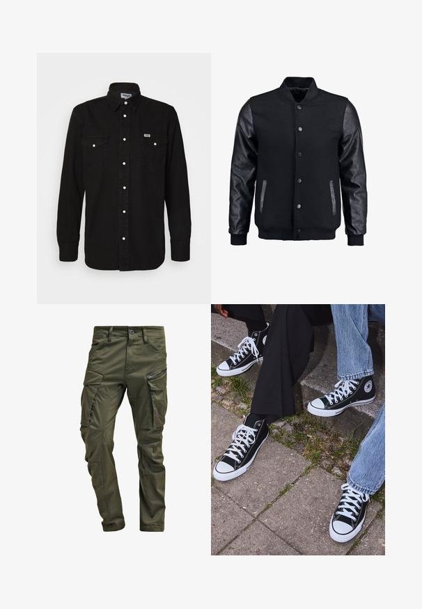 Fekete bomber dzseki gyapjú testtel és bőr ujjal. Jellemzője a felálló gallér, elöl gombos záródás, valamint oldalsó zsebek. Egyszínű, mintázat nélkül.; Fekete gombos ing, hegyes gallérral, két mellzsebbel, fehér patent gombokkal és texturált anyagból. Wrangler logó a bal mellen.; Olíva zöld cargo nadrág, erős pamutból készült. Több zsebbel, egy cipzáras oldalzsebbel és enyhén texturált felülettel ellátott, a szárai felé szűkülnek.; Fekete magas szárú vászon sportcipők fehér gumi talppal és fűzőkkel, az oldalukon kör alakú logóval, farmernadrággal és fekete nadrággal párosítva.