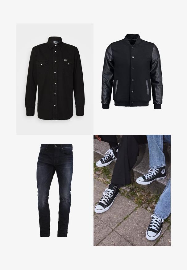 Čierna bomber bunda s vlneným telom a koženými rukávmi. Má stojačikový golier, predné patentky a bočné vrecká. Jednofarebná bez vzorov.; Čierna košeľa na gombíky s špicatým golierom, dvoma náprsníkmi, bielymi patentkami a textúrovanou látkou. Logo Wrangler na ľavej strane hrudníka.; Tmavomodré úzke džínsy so slabým vyblednutím na stehnách a kolenách, s prednými vreckami, pútkami na opasok a zapínaním na gombík.; Čierne vysoké plátenné tenisky s bielymi gumovými podrážkami a šnúrkami, s okrúhlym logom na boku, skombinované s džínsami a čiernymi nohavicami.