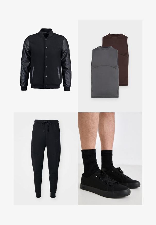 Černá bomber bunda s tělem z vlny a koženými rukávy. Má stojací límec, přední zacvakávací knoflíky a boční kapsy. Jednoduchá barva bez vzorů.; Dvoje bezrukávových topů v tmavě šedé a hnědé barvě, vyrobených z hladkého materiálu. Každý má vysoký límec a úzký střih s kontrastními švy.; Černé teplákové kalhoty vyrobené z měkké látky, s páskem na šňůrku v pase, zúženými nohavicemi a postranními kapsami s elegantním designem.; Černé plátěné tenisky s kulatou špičkou, plochou gumovou podrážkou a černými tkaničkami. Kombinované s černými žebrovanými ponožkami. Jednoduchý design bez vzorů.
