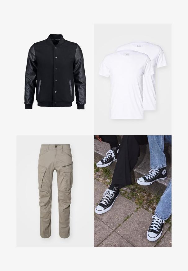 Čierna bomber bunda s vlneným telom a koženými rukávmi. Má stojačikový golier, predné patentky a bočné vrecká. Jednofarebná bez vzorov.; Dvoje bielych bavlnených tričiek s krátkymi rukávmi, okrúhlymi výstrihmi a logom Lee na etikete. Hladká textura, klasický strih, žiadne ďalšie vzory.; Svetlošedé cargo nohavice vyrobené z odolného materiálu. Obsahujú viacero vreciek, zipsové bočné vrecko a zosilnené oblasti kolien. Štandardný strih.; Čierne vysoké plátenné tenisky s bielymi gumovými podrážkami a šnúrkami, s okrúhlym logom na boku, skombinované s džínsami a čiernymi nohavicami.