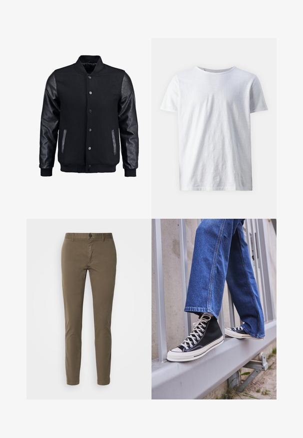 Blouson noir avec corps en laine et manches en cuir. Présente un col montant, des boutons-pression à l'avant et des poches latérales. Couleur unie sans motifs.; T-shirt blanc à manches courtes en tissu léger. Encolure ronde avec une texture lisse et sans motifs ni accents visibles.; HUGO DAVID - Chino - beige; Baskets montantes noires avec semelle et lacets blancs, associées à un jean en denim bleu décontracté, reposant sur un garde-corps gris.