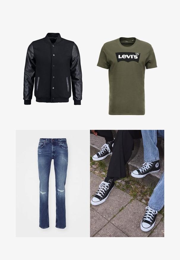 Chaqueta bomber negra con cuerpo de lana y mangas de cuero. Cuenta con un cuello alzado, botones de presión en el frente y bolsillos laterales. Color sólido sin patrones.; Camiseta de algodón verde oliva con un gran logo negro de Levi's en el frente. Cuello redondo clásico y mangas cortas, textura suave.; Jeans de denim azul oscuro con pierna recta, parches desgastados en las rodillas, cinco bolsillos y cierre de botón en la cintura.; Zapatillas de lona negras de caña alta con suelas y cordones de goma blanca, con un logo circular en el lado, combinadas con unos pantalones de mezclilla y negros.