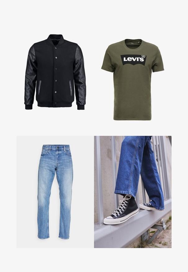 Črna bomberska jakna z volnenim telesom in usnjenimi rokavi. Ima stoječ ovratnik, sprednje snemljive gumbe in stranske žepke. Enobarvna, brez vzorcev.; Olivno zelena bombažna majica s kratkimi rokavi, ki na sprednji strani nosi velik črn logotip Levi's. Klasičen kroj z okroglim izrezom in gladka tekstura.; Svijetloplave traperice ravnog kroja, s patentnim zatvaračem, pet džepova i blagim izblijedjenjem sprijeda.; Črne visoke teniske z belim podplatom in vezalkami, v kombinaciji z ohlapnimi modrimi džinsom, naslonjene na sivo ograjo.