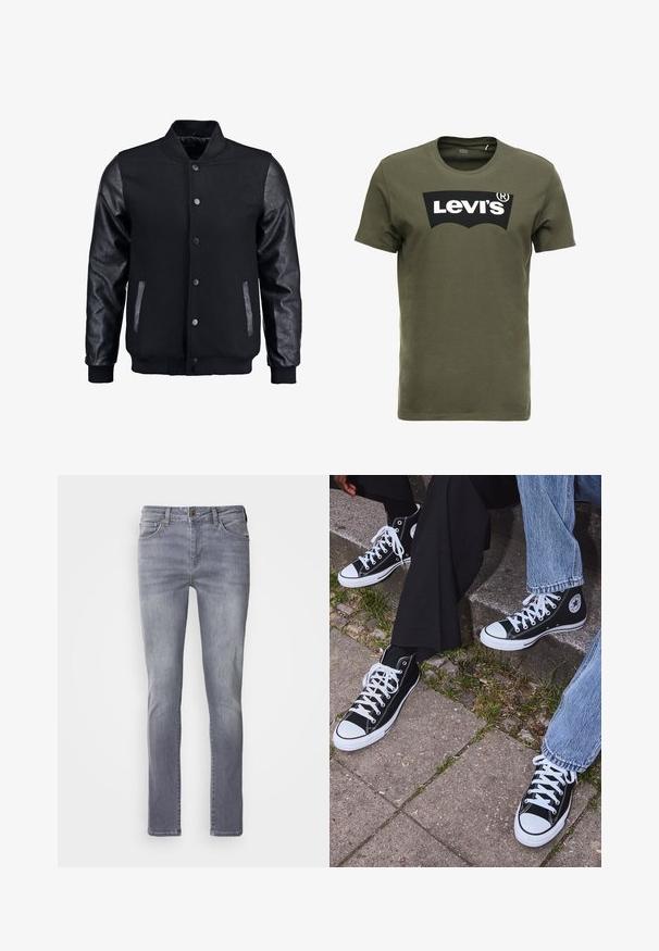 Svart bomberjakke med ullkropp og lærærmer. Har stående krage, fronttrykkknapper og sidelommer. Enfarget uten mønstre.; Oliven grønn bomulls t-skjorte med en stor svart Levi's-logo på forsiden. Klassisk crewneck og korte ermer, glatt tekstur.; Lys grå denimjeans med rett snitt, har fem lommer, messing knappelukking og subtil falming på beina.; Sorte høyre sneakers i kanvas med hvite gummisåler og snøringer, med et rundt logo på siden og kombinert med denim og sorte bukser.