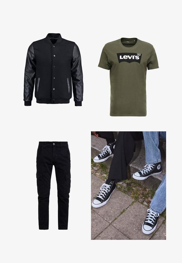 Černá bomber bunda s tělem z vlny a koženými rukávy. Má stojací límec, přední zacvakávací knoflíky a boční kapsy. Jednoduchá barva bez vzorů.; Olivově zelené bavlněné tričko s velkým černým logem Levi's na přední straně. Klasický kulatý výstřih a krátké rukávy, hladká textura.; Černé bavlněné cargo kalhoty s úzkým střihem, obsahující boční kapsy a přední zapínání na knoflík. Texturovaná, odolná tkanina s všestranným designem.; Černé kanvasové tenisky s vysokým střihem, bílé gumové podrážky a tkaničky, s kulatým logem na boku a spárované s džíny a černými kalhotami.