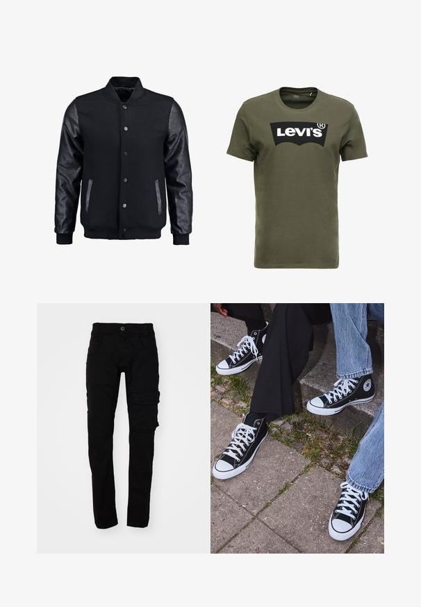 Črna bomberska jakna z volnenim telesom in usnjenimi rokavi. Ima stoječ ovratnik, sprednje snemljive gumbe in stranske žepke. Enobarvna, brez vzorcev.; Olivno zelena bombažna majica s kratkimi rokavi, ki na sprednji strani nosi velik črn logotip Levi's. Klasičen kroj z okroglim izrezom in gladka tekstura.; Črne cargo hlače slim kroja, izdelane iz trpežnega bombažnega blaga. Imajo več žepov in gumbasto zapiranje v pasu.; Črne visoke platnene teniske z belimi gumijastimi podplati in vezalkami, z ovalnim logotipom na strani, v kombinaciji z džinsom in črnimi hlačami.