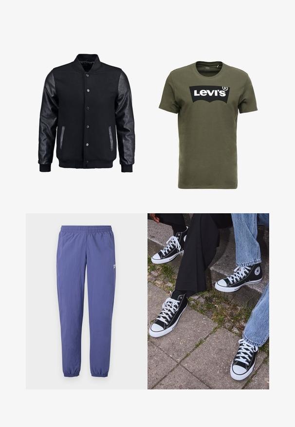 Schwarze Bomberjacke mit Wollkörper und Lederärmeln. Verfügt über einen Stehkragen, vordere Druckknöpfe und Seitentaschen. Einfarbig ohne Muster.; Olivegrünes Baumwoll-T-Shirt mit einem großen schwarzen Levi's-Logo auf der Vorderseite. Klassischer Rundhalsausschnitt und kurze Ärmel, glatte Textur.; Lila Windbreaker-Hosen mit elastischem Bund, schmal zulaufenden Beinen, elastischen Bündchen und einer Seitentasche mit einem kleinen Logodetail.; Schwarzecanvas-Sneaker mit hohem Schaft, weißen Gummisohlen und Schnürsenkeln, die ein rundes Logo an der Seite besitzen und mit Denim- sowie schwarzen Hosen kombiniert sind.
