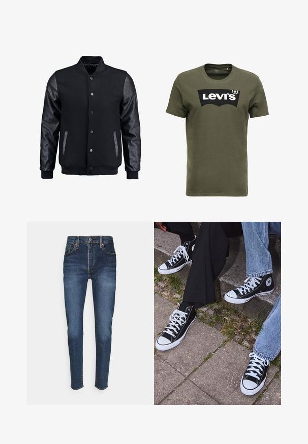 Giubbotto bomber nero con corpo in lana e maniche in pelle. Presenta un colletto alto, bottoni a pressione frontali e tasche laterali. Monocromatico, senza motivi.; T-shirt di cotone verde oliva con un grande logo nero di Levi's sul davanti. Collo girocollo classico e maniche corte, consistenza liscia.; Jeans in denim blu scuro con un design aderente, dotati di cinque tasche, chiusura frontale con bottone e dettagli di cucitura arancioni.; Sneakers alti neri in tela con suole e lacci bianchi, dotati di un logo circolare di lato e abbinati a pantaloni in denim e neri.