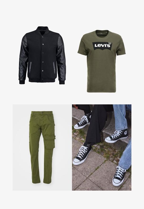 Czarna kurtka bombowca z wełnianym korpusem i skórzanymi rękawami. Posiada stójkę, zapięcie na napy z przodu i boczne kieszenie. Jednolity kolor, bez wzorów.; T-shirt w oliwkowym kolorze z bawełny z dużym czarnym logo Levi's z przodu. Klasyczny okrągły dekolt i krótkie rękawy, gładka tekstura.; Oliwkowe spodnie cargo wykonane z bawełny, z dwiema bocznymi kieszeniami i dużą kieszenią cargo na prawej nodze, o prostym kroju nogawek.; Czarne wysokie trampki z kanwy z białymi gumowymi podeszwami i sznurówkami, z okrągłym logo z boku, w zestawie z dżinsami i czarnymi spodniami.