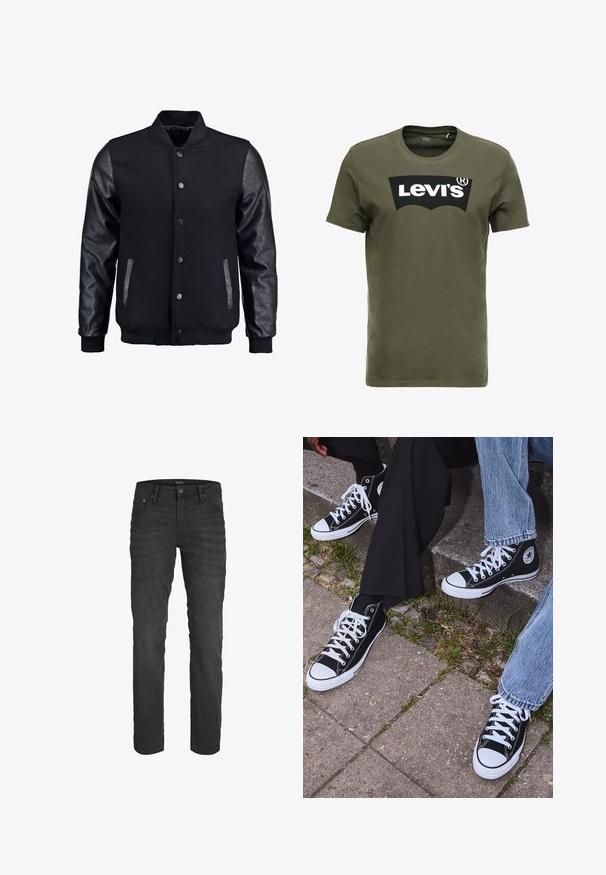 Mustmust on musta jope, millel on villane keha ja nahkvarrukad. Omab seisvat kraed, esisiidme nööpe ja küljetaskuid. Ühtlane värv, ilma mustriteta.; Oliivroheline puuvillane T-särk, mille esiküljel on suur must Levi's logo. K klassikaline ümmargune kaelus ja lühikesed varrukad, sile tekstuur.; Mustad denimipüksid, millel on õhuke lõige, viie tasku disain, klassikaline nupuga ja lukuga sulgemine ning peenelt pleekinud tekstuur üle kogu pinna.; Mustad musta värvi kõrged kanvasist tossud valgete kummitaldade ja nööridega, külgedel ringikujuline logo ning kombineeritud denimist ja mustade pükstega.