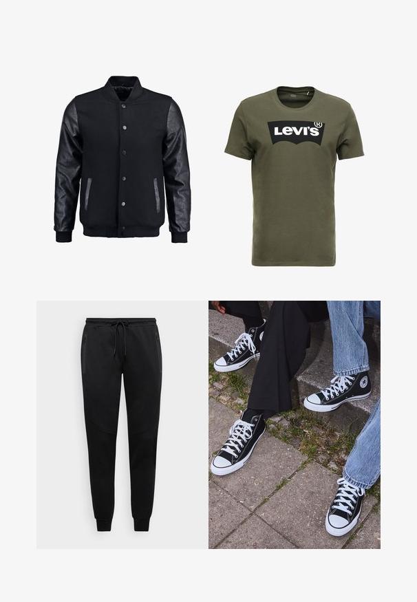 Blouson noir avec corps en laine et manches en cuir. Présente un col montant, des boutons-pression à l'avant et des poches latérales. Couleur unie sans motifs.; T-shirt en coton vert olive avec un grand logo noir Levi's sur le devant. Col rond classique et manches courtes, texture lisse.; Pantalon de survêtement noir avec taille à cordon de serrage, jambes fuselées et poches zippées sur les côtés ; fabriqué dans un tissu doux avec des détails texturés subtils.; Baskets montantes en toile noires avec semelles et lacets en caoutchouc blancs, arborant un logo circulaire sur le côté et associées à un jean et un pantalon noir.
