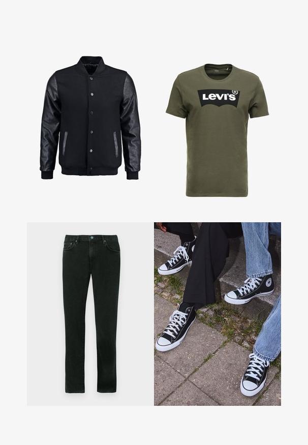 Giubbotto bomber nero con corpo in lana e maniche in pelle. Presenta un colletto alto, bottoni a pressione frontali e tasche laterali. Monocromatico, senza motivi.; T-shirt di cotone verde oliva con un grande logo nero di Levi's sul davanti. Collo girocollo classico e maniche corte, consistenza liscia.; Jeans in denim nero con design a gamba dritta, caratterizzati da un classico stile a cinque tasche e accenti in metallo blu.; Sneakers alti neri in tela con suole e lacci bianchi, dotati di un logo circolare di lato e abbinati a pantaloni in denim e neri.