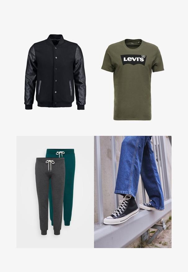 Sort bomberjakke med uldkrop og læderærmer. Har en stående krave, frontknapper og sidelommer. Ensfarvet uden mønstre.; Oliven grøn bomulds t-shirt med et stort sort Levi's logo på forsiden. Klassisk rund hals og korte ærmer, glat tekstur.; To sæt joggebukser i mørkegrå og teal, lavet af blødt stof, med elastiske manchetter og snoreliv med hvide snore.; Sorte høj-top sneakers med hvid sål og snørebånd, parret med løse blå denimjeans, hvilende på et gråt gelænder.