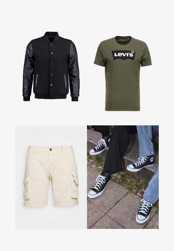 Fekete bomber dzseki gyapjú testtel és bőr ujjal. Jellemzője a felálló gallér, elöl gombos záródás, valamint oldalsó zsebek. Egyszínű, mintázat nélkül.; Olajzöld pamut póló, amelyen egy nagy fekete Levi's logó található az elején. Klasszikus kerek nyakkivágás és rövid ujjak, sima textúrával.; Beige cargo rövidnadrág két oldalsó zsebbel, feltekert szegéllyel, gombos zárással és övhurkokkal. Könnyű, texturált anyagból készült.; Fekete magas szárú vászon sportcipők fehér gumi talppal és fűzőkkel, az oldalukon kör alakú logóval, farmernadrággal és fekete nadrággal párosítva.