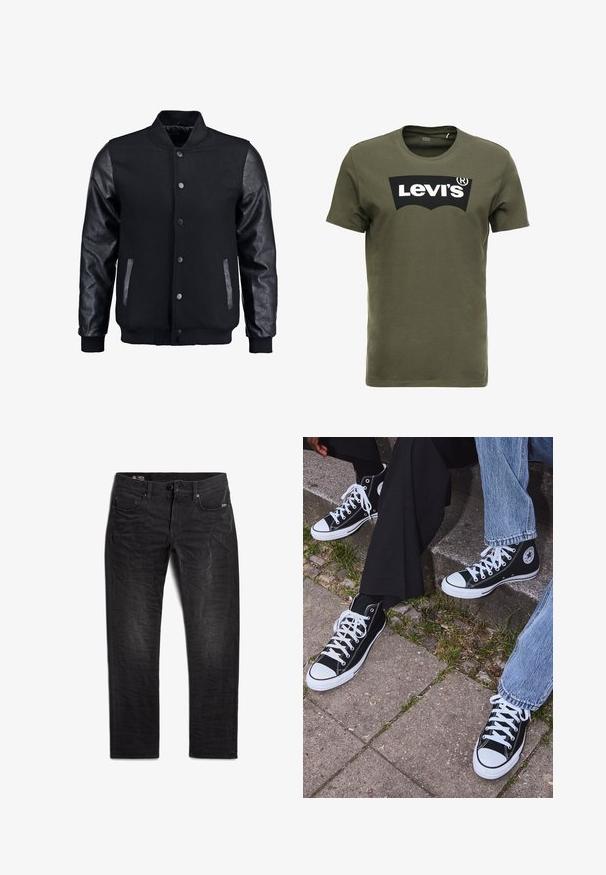 Chaqueta bomber negra con cuerpo de lana y mangas de cuero. Cuenta con un cuello alzado, botones de presión en el frente y bolsillos laterales. Color sólido sin patrones.; Camiseta de algodón verde oliva con un gran logo negro de Levi's en el frente. Cuello redondo clásico y mangas cortas, textura suave.; Jeans de mezclilla negra con corte recto, con cremallera, diseño clásico de cinco bolsillos y un leve desgastado en las piernas.; Zapatillas de lona negras de caña alta con suelas y cordones de goma blanca, con un logo circular en el lado, combinadas con unos pantalones de mezclilla y negros.