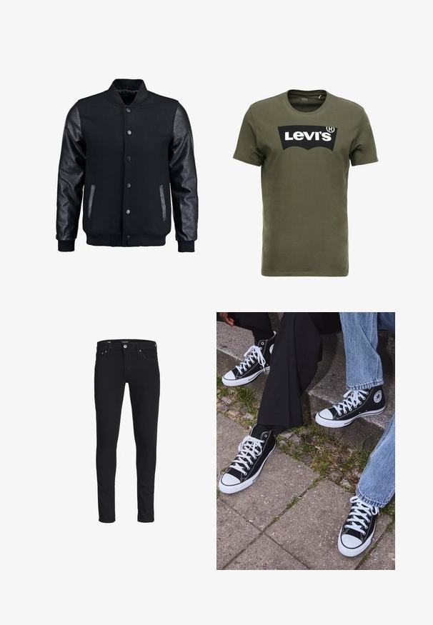 Černá bomber bunda s tělem z vlny a koženými rukávy. Má stojací límec, přední zacvakávací knoflíky a boční kapsy. Jednoduchá barva bez vzorů.; Olivově zelené bavlněné tričko s velkým černým logem Levi's na přední straně. Klasický kulatý výstřih a krátké rukávy, hladká textura.; Černé slim-fit džíny z denimu, s klasickým pětivreckovým designem, poutky na opasek a zapínáním na zip s knoflíkem.; Černé kanvasové tenisky s vysokým střihem, bílé gumové podrážky a tkaničky, s kulatým logem na boku a spárované s džíny a černými kalhotami.