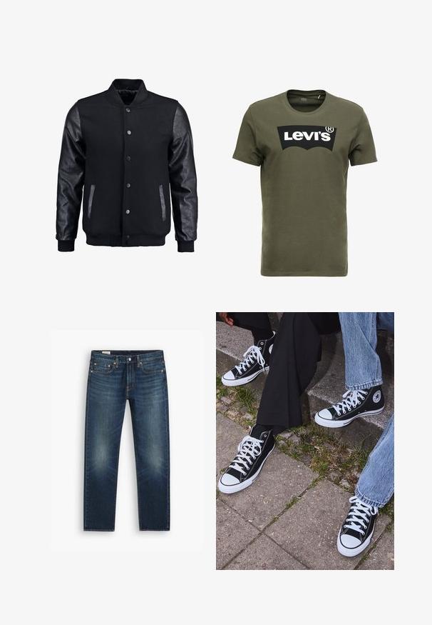 Chaqueta bomber negra con cuerpo de lana y mangas de cuero. Cuenta con un cuello alzado, botones de presión en el frente y bolsillos laterales. Color sólido sin patrones.; Camiseta de algodón verde oliva con un gran logo negro de Levi's en el frente. Cuello redondo clásico y mangas cortas, textura suave.; Jeans de mezclilla azul con corte recto, que presentan un ligero desvanecimiento, remaches de cobre y una cinturilla clásica con cierre de botón.; Zapatillas de lona negras de caña alta con suelas y cordones de goma blanca, con un logo circular en el lado, combinadas con unos pantalones de mezclilla y negros.