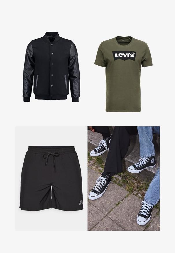 Mustmust on musta jope, millel on villane keha ja nahkvarrukad. Omab seisvat kraed, esisiidme nööpe ja küljetaskuid. Ühtlane värv, ilma mustriteta.; Oliivroheline puuvillane T-särk, mille esiküljel on suur must Levi's logo. K klassikaline ümmargune kaelus ja lühikesed varrukad, sile tekstuur.; Must mustad pehmedest kangast, millel on elastne vöökoht, sidumispael ja külgmised lõhikud liikumise mugavuse tagamiseks.; Mustad musta värvi kõrged kanvasist tossud valgete kummitaldade ja nööridega, külgedel ringikujuline logo ning kombineeritud denimist ja mustade pükstega.