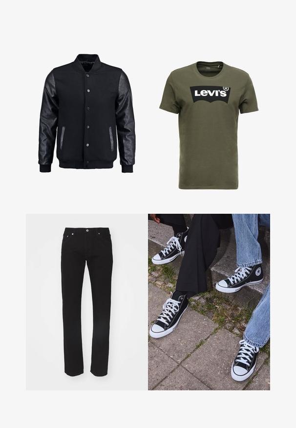 Chaqueta bomber negra con cuerpo de lana y mangas de cuero. Cuenta con un cuello alzado, botones de presión en el frente y bolsillos laterales. Color sólido sin patrones.; Camiseta de algodón verde oliva con un gran logo negro de Levi's en el frente. Cuello redondo clásico y mangas cortas, textura suave.; Jeans de mezclilla negra con corte recto, diseño de cinco bolsillos y botón de metal en la cintura. Textura suave, sin patrones visibles.; Zapatillas de lona negras de caña alta con suelas y cordones de goma blanca, con un logo circular en el lado, combinadas con unos pantalones de mezclilla y negros.