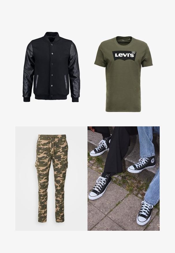 Blouson noir avec corps en laine et manches en cuir. Présente un col montant, des boutons-pression à l'avant et des poches latérales. Couleur unie sans motifs.; T-shirt en coton vert olive avec un grand logo noir Levi's sur le devant. Col rond classique et manches courtes, texture lisse.; Pantalons cargo camouflés en vert et beige, en tissu à la texture lisse. Comprend des poches latérales et une taille élastique avec cordon de serrage.; Baskets montantes en toile noires avec semelles et lacets en caoutchouc blancs, arborant un logo circulaire sur le côté et associées à un jean et un pantalon noir.