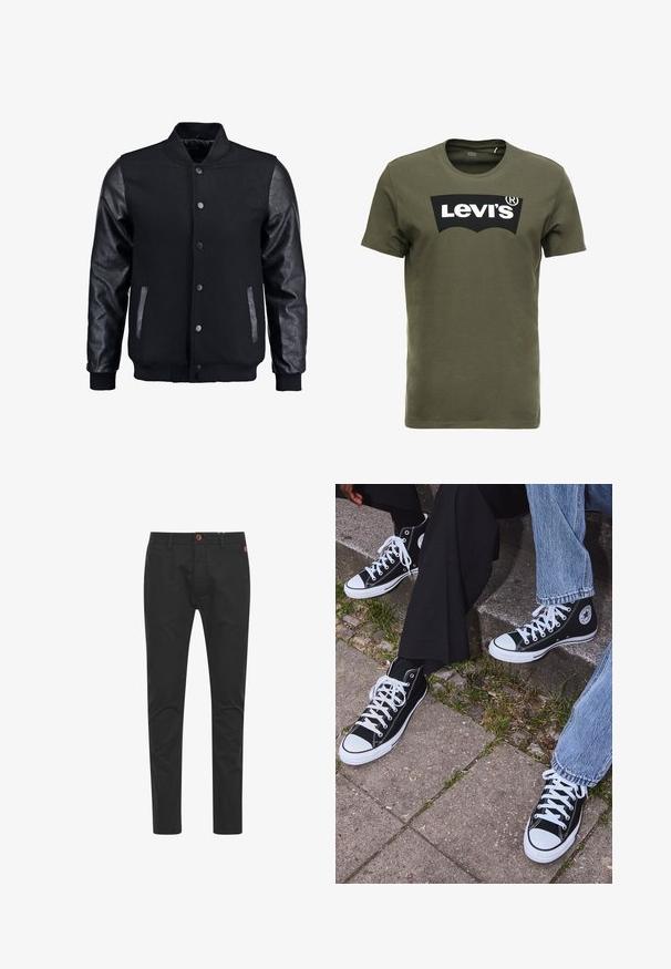 Svart bomberjacka med ullkropp och lädersleeves. Har en stående krage, framknappar med tryckknappar och sidofickor. Enfärgad utan mönster.; Olivgrön bomull t-shirt med en stor svart Levi's-logotyp på framsidan. Klassisk rund halsringning och korta ärmar, slät textur.; Svarta chinos med slim fit, tillverkade av bomull, med brun knappstängning, fyra fickor och klassiska sömnadsdetaljer.; Svarta högtopps kanvasskor med vita gummisulor och snören, med en cirkulär logotyp på sidan och kombinerade med jeans och svarta byxor.