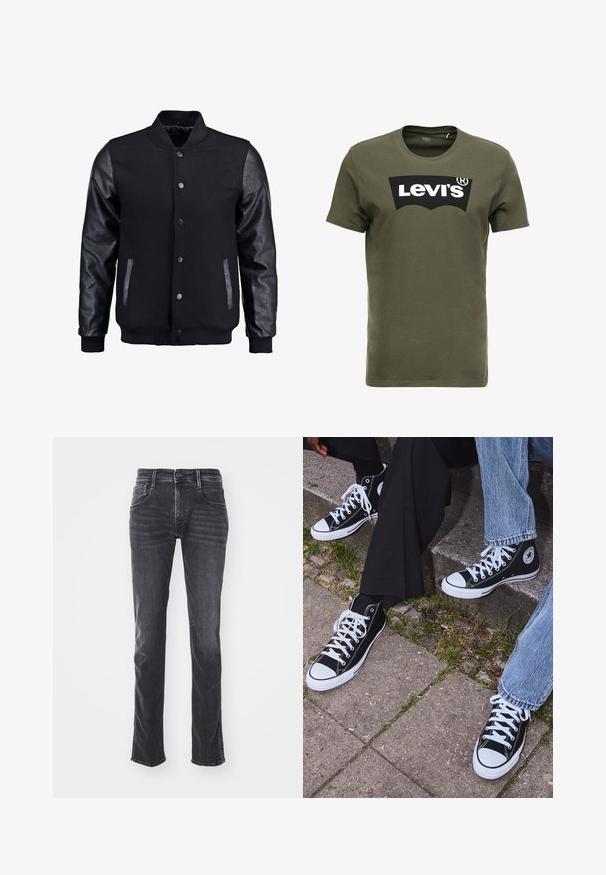 Czarna kurtka bombowca z wełnianym korpusem i skórzanymi rękawami. Posiada stójkę, zapięcie na napy z przodu i boczne kieszenie. Jednolity kolor, bez wzorów.; T-shirt w oliwkowym kolorze z bawełny z dużym czarnym logo Levi's z przodu. Klasyczny okrągły dekolt i krótkie rękawy, gładka tekstura.; Ciemnoszare dżinsy z prostymi nogawkami, delikatnie wyblakłe, z pięcioma kieszeniami. Zawierają zapięcie na guzik i zamek błyskawiczny.; Czarne wysokie trampki z kanwy z białymi gumowymi podeszwami i sznurówkami, z okrągłym logo z boku, w zestawie z dżinsami i czarnymi spodniami.