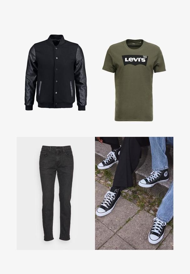 Juodas bomberio tipo švarkas su vilnoniu korpusu ir odinėmis rankovėmis. Savybės: stovintis apykaklė, priekiniai spaudiniai mygtukai ir šoniniai kišenės. Vienodos spalvos, be raštų.; Olive spalvos medvilnės marškinėliai su dideliu juodu „Levi's“ logotipu priekyje. Klasikinis apvalus kaklas ir trumpi rankovės, glotni tekstūra.; Juodi džinsai su prigludusia iškirpte, turintys penkias kišenes, dirželio kilpas ir subtilius siuvinėjimo akcentus. Audinio nusidėvėjimo tekstūra.; Juoda aukšta avalynė iš kanvos su baltais guminiais padais ir raišteliais, su apvaliu logotipu šone, derinama su džinsais ir juodomis kelnėmis.