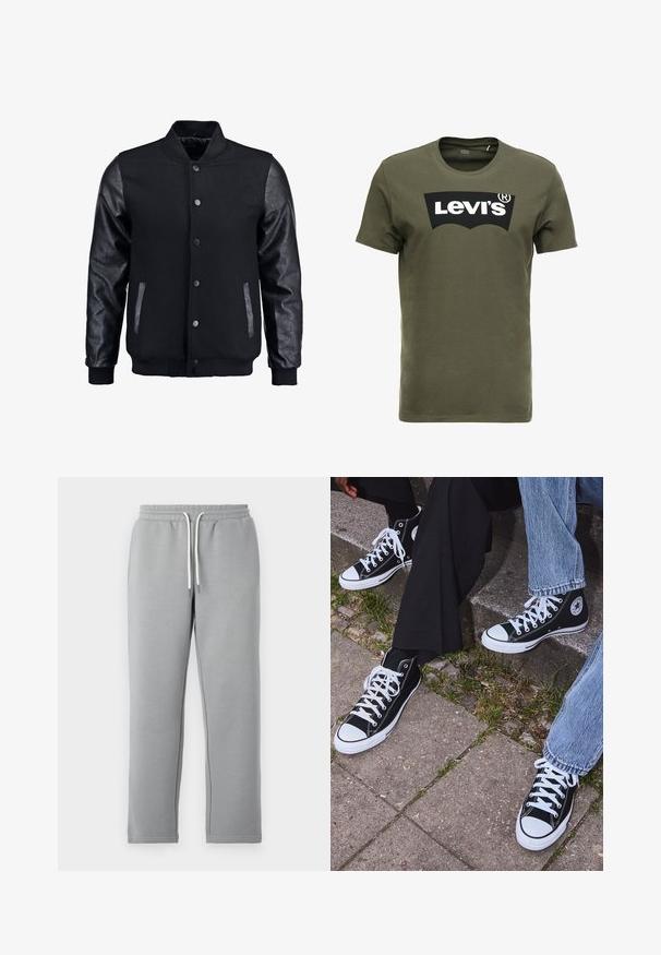 Zwarte bomberjack met een wollen lichaam en leren mouwen. Voorzien van een staande kraag, drukknopen aan de voorkant en zijkanten. Effen kleur zonder patronen.; Olijfgroen katoenen T-shirt met een groot zwart Levi's-logo op de voorkant. Klassieke ronde hals en korte mouwen, gladde textuur.; Grijze sweatpants gemaakt van zacht materiaal, met een elastische tailleband en witte koordjes, rechte pijpen en zonder zichtbare zakken.; Zwarte canvas sneakers met hoge schacht, witte rubberen zolen en veters, met een cirkelvormig logo aan de zijkant, gecombineerd met denim en zwarte broeken.
