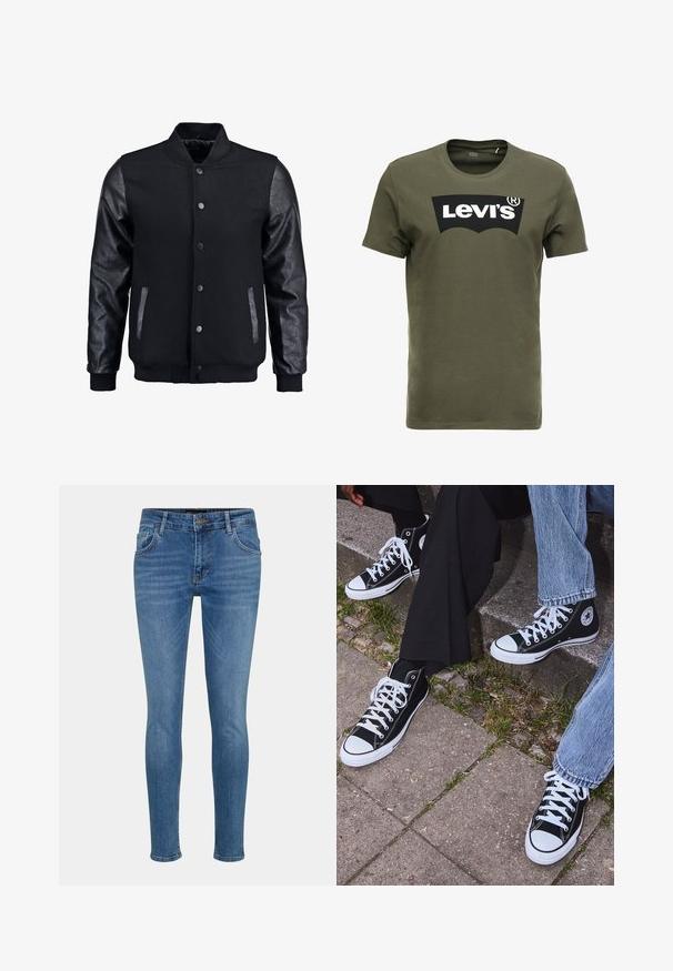 Chaqueta bomber negra con cuerpo de lana y mangas de cuero. Cuenta con un cuello alzado, botones de presión en el frente y bolsillos laterales. Color sólido sin patrones.; Camiseta de algodón verde oliva con un gran logo negro de Levi's en el frente. Cuello redondo clásico y mangas cortas, textura suave.; Jeans ajustados de denim azul, con un diseño clásico de cinco bolsillos, un ligero desgaste y una cremallera con botón en la cintura.; Zapatillas de lona negras de caña alta con suelas y cordones de goma blanca, con un logo circular en el lado, combinadas con unos pantalones de mezclilla y negros.