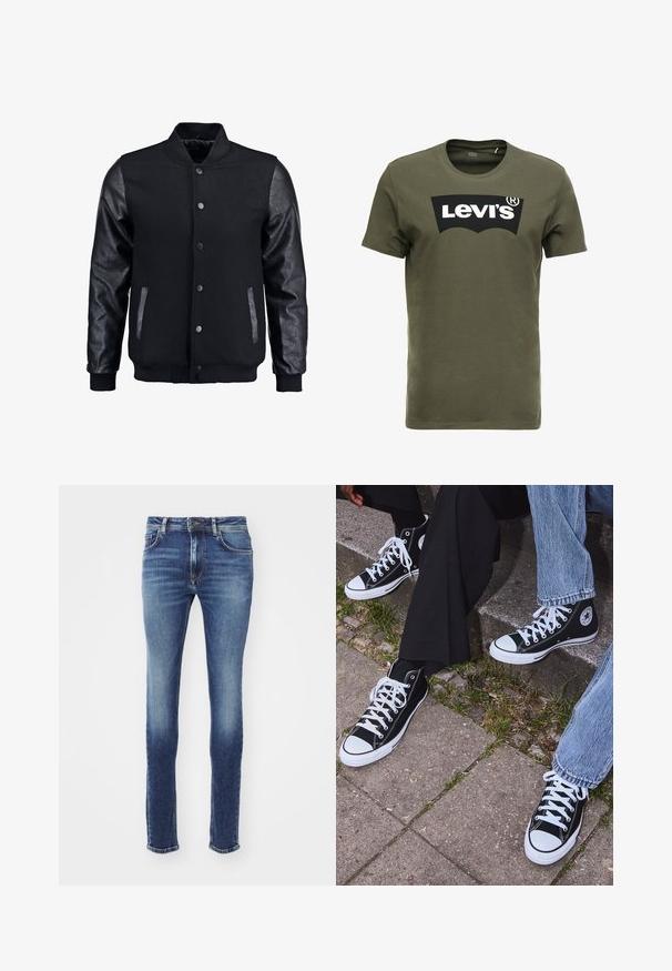 Chaqueta bomber negra con cuerpo de lana y mangas de cuero. Cuenta con un cuello alzado, botones de presión en el frente y bolsillos laterales. Color sólido sin patrones.; Camiseta de algodón verde oliva con un gran logo negro de Levi's en el frente. Cuello redondo clásico y mangas cortas, textura suave.; Vaqueros de denim azul con corte ajustado, que presentan una cintura de altura media, bolsillos cosidos y un ligero desgaste. Los bajos están ligeramente desgastados.; Zapatillas de lona negras de caña alta con suelas y cordones de goma blanca, con un logo circular en el lado, combinadas con unos pantalones de mezclilla y negros.