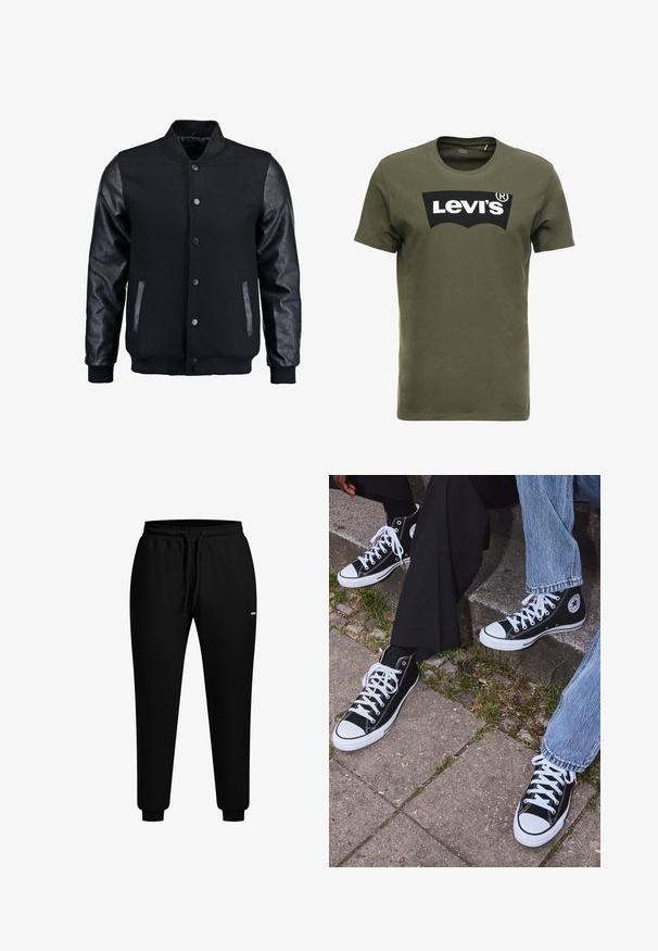 Černá bomber bunda s tělem z vlny a koženými rukávy. Má stojací límec, přední zacvakávací knoflíky a boční kapsy. Jednoduchá barva bez vzorů.; Olivově zelené bavlněné tričko s velkým černým logem Levi's na přední straně. Klasický kulatý výstřih a krátké rukávy, hladká textura.; Černé tepláky vyrobené z měkké látky, s elastickým pasem a šňůrkou na stahování, ribbovanými manžetami na kotnících. Malé logo na boku.; Černé kanvasové tenisky s vysokým střihem, bílé gumové podrážky a tkaničky, s kulatým logem na boku a spárované s džíny a černými kalhotami.
