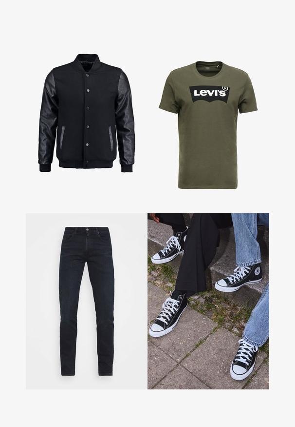 Chaqueta bomber negra con cuerpo de lana y mangas de cuero. Cuenta con un cuello alzado, botones de presión en el frente y bolsillos laterales. Color sólido sin patrones.; Camiseta de algodón verde oliva con un gran logo negro de Levi's en el frente. Cuello redondo clásico y mangas cortas, textura suave.; Levi's® 511™ SLIM - Vaqueros slim fit - blue ridge; Zapatillas de lona negras de caña alta con suelas y cordones de goma blanca, con un logo circular en el lado, combinadas con unos pantalones de mezclilla y negros.