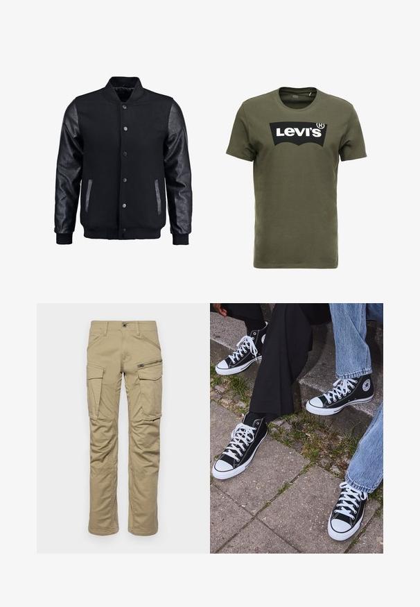 Sort bomberjakke med uldkrop og læderærmer. Har en stående krave, frontknapper og sidelommer. Ensfarvet uden mønstre.; Oliven grøn bomulds t-shirt med et stort sort Levi's logo på forsiden. Klassisk rund hals og korte ærmer, glat tekstur.; Beige cargo bukser med flere lommer, herunder to sidelommer og en lynlåslomme foran. Fremstillet af slidstærkt stof, lige ben design.; Sorte høje canvas sneakers med hvide gummisåler og snørebånd, prydet med et cirkulært logo på siden og parret med denim og sorte bukser.