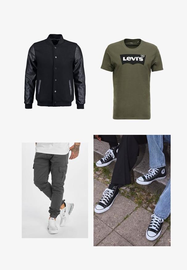 Černá bomber bunda s tělem z vlny a koženými rukávy. Má stojací límec, přední zacvakávací knoflíky a boční kapsy. Jednoduchá barva bez vzorů.; Olivově zelené bavlněné tričko s velkým černým logem Levi's na přední straně. Klasický kulatý výstřih a krátké rukávy, hladká textura.; Šedé cargo kalhoty s několika kapsami, tapered nohavice a nastavitelné manžety, v kombinaci s bílými teniskami s černými akcenty a průhlednými podrážkami.; Černé kanvasové tenisky s vysokým střihem, bílé gumové podrážky a tkaničky, s kulatým logem na boku a spárované s džíny a černými kalhotami.