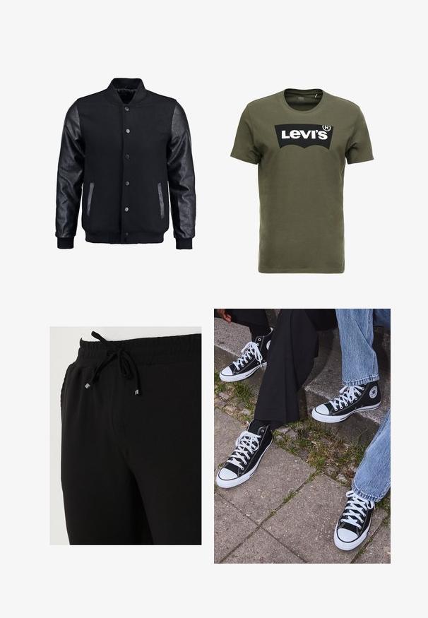 Schwarze Bomberjacke mit Wollkörper und Lederärmeln. Verfügt über einen Stehkragen, vordere Druckknöpfe und Seitentaschen. Einfarbig ohne Muster.; Olivegrünes Baumwoll-T-Shirt mit einem großen schwarzen Levi's-Logo auf der Vorderseite. Klassischer Rundhalsausschnitt und kurze Ärmel, glatte Textur.; Buratti Jogginghose - black; Schwarzecanvas-Sneaker mit hohem Schaft, weißen Gummisohlen und Schnürsenkeln, die ein rundes Logo an der Seite besitzen und mit Denim- sowie schwarzen Hosen kombiniert sind.