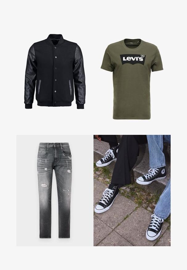 Črna bomberska jakna z volnenim telesom in usnjenimi rokavi. Ima stoječ ovratnik, sprednje snemljive gumbe in stranske žepke. Enobarvna, brez vzorcev.; Olivno zelena bombažna majica s kratkimi rokavi, ki na sprednji strani nosi velik črn logotip Levi's. Klasičen kroj z okroglim izrezom in gladka tekstura.; Izbledeli črni kavbojke z obrabljenimi našitki. Imajo pet žepov, gumbasto zaponko in ravno obliko.; Črne visoke platnene teniske z belimi gumijastimi podplati in vezalkami, z ovalnim logotipom na strani, v kombinaciji z džinsom in črnimi hlačami.